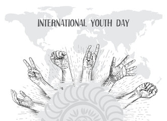 International Youth day design on annual 12 th August celebration. Ink line art with space for text. Vector.