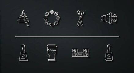 Set line Triangle, Balalaika, Speaker volume, Home stereo, Drum, Tambourine, Guitar and sticks icon. Vector © Kostiantyn