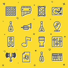 Set line Music synthesizer, Sound mixer controller, Location musical note, Stereo speaker, Trumpet, Guitar, Drum machine and Balalaika icon. Vector