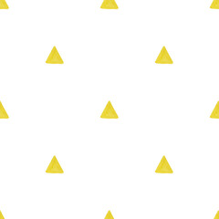Geometric seamless pattern with yellow hand painted triangles on white background. For textile, print, etc.