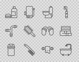 Set line Trash can, Bathtub, Toilet bowl, Hairbrush, Bottle of shampoo, paper roll and Towel stack icon. Vector