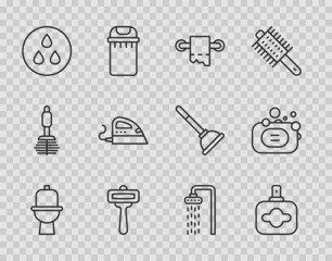 Set line Toilet bowl, Perfume, paper roll, Shaving razor, Water drop, Electric iron, Shower and Bar of soap icon. Vector