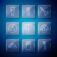 Set line Electric iron, Trash can, toothbrush, Rubber plunger, Hair dryer, Water drop, Tube of toothpaste and Bathrobe icon. Vector