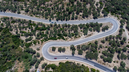 Road serpentine in the forest from above