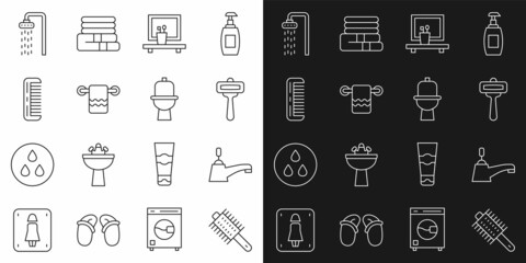 Set line Hairbrush, Water tap, Shaving razor, Washbasin mirror, Towel on hanger, Shower and Toilet bowl icon. Vector