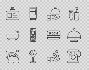 Set line Electric iron, Telephone handset, Covered with tray, Martini glass, Identification badge, Remote control, Paying tips and icon. Vector