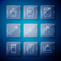 Set line Refrigerator, Bathrobe, Hotel service bell, Washer, Knife, Fork, Towel on hanger and Identification badge icon. Vector
