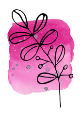 Watercolor pink background and black contour twigs. Hand-drawn, background and twig are isolated from each other, can be moved to your liking.