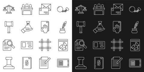 Set line Safe, Evidence bag and bullet, Feather inkwell, Envelope, Bribe money, Judge gavel, Scales of justice and Oath Holy Bible icon. Vector