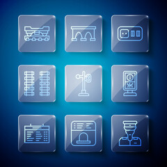 Set line Train station board, Ticket office to buy tickets, conductor, Electrical outlet, traffic light, Railway, railroad track, Cargo train wagon and Information stand icon. Vector