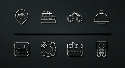 Set line Location with cruise ship, Lifeboat, Covered tray, Shark fin in ocean wave, Lifebuoy, Cruise, jacket and Binoculars icon. Vector