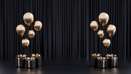 Trendy Black And Golden Gift Boxes And Balloons. Empty Space Celebration Background - 3D Illustration