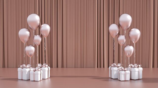 Trendy White And Rose Gold Gift Boxes And Balloons. Empty Space Celebration Background - 3D Illustration