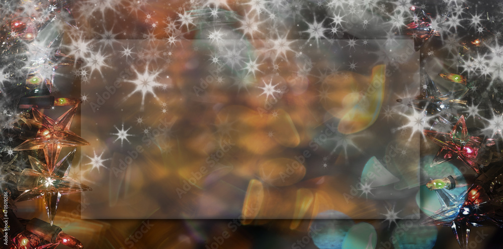 Poster abstract background with bokeh defocused lights and christmas garland frames with snowflakes. templa