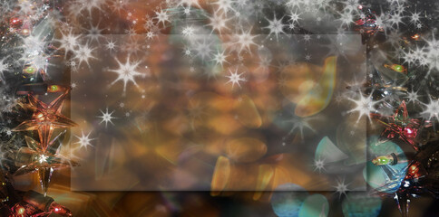 Abstract background with bokeh defocused lights and christmas garland frames with snowflakes. Template with copy space for your greetings inscription or holiday menu. Rectangular border board.