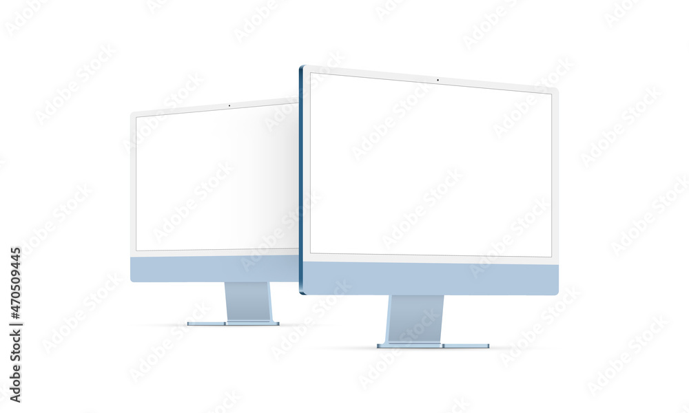 Poster computer monitors blue mockups with perspective side view isolated on white background. vector illus