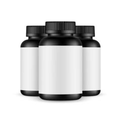 Black Plastic Bottles for Vitamins, Pills or Supplements Isolated on White Background. Vector Illustration