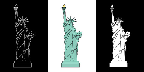 3 versions de la silhouette de la statue de la Liberté de face, dessins couleur sur fond blanc et au contour blanc ou en silhouette blanche sur fond noir. - obrazy, fototapety, plakaty