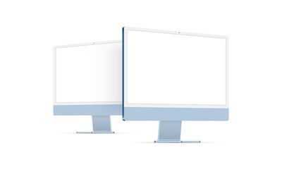 Computer Monitors Blue Mockups With Perspective Side View Isolated on White Background. Vector Illustration - obrazy, fototapety, plakaty