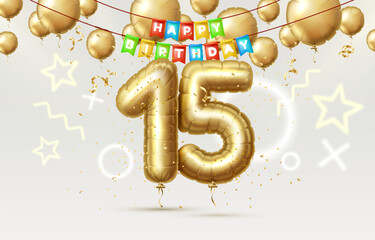 Happy Birthday 15 years anniversary of the person birthday, balloons in the form of numbers of the year. Vector - obrazy, fototapety, plakaty