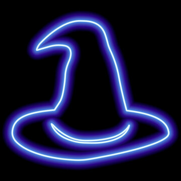 recommend clip art: Neon blue outline halloween witch hat on black background