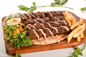 Kebab, traditional Turkish, Greek meat and chickens food, isolated on white background