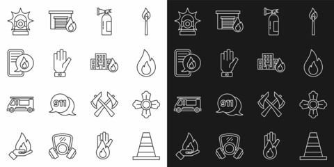 Set line Traffic cone, Firefighter, flame, extinguisher, gloves, Phone with emergency call 911, Flasher siren and burning buildings icon. Vector