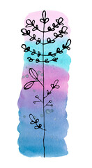 Watercolor blue pink background and black contour twigs. Hand-drawn, background and twig are isolated from each other, can be moved to your liking.