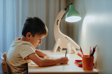 Boy doing his homework while sitting by desk.
