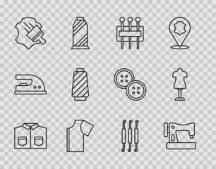 Set line Shirt, Sewing machine, Needle for sewing, pattern, Leather, thread on spool, Crochet hook and Mannequin icon. Vector