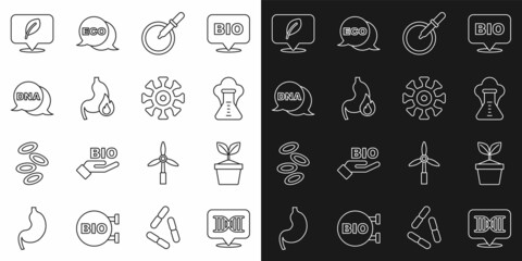 Set line DNA symbol, Plant in pot, Chemical explosion, Petri dish with pipette, Stomach heartburn, Location leaf and Bacteria icon. Vector