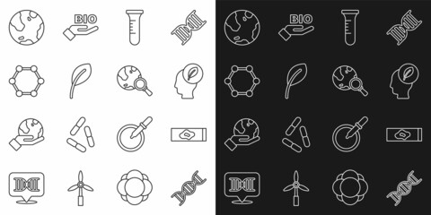 Set line DNA symbol, Blood test and virus, Human head with leaf inside, Test tube flask, Leaf or leaves, Molecule, Earth globe and Magnifying glass icon. Vector