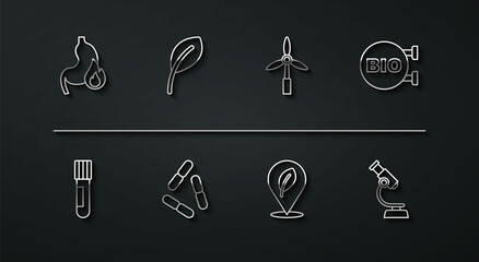Set line Stomach heartburn, Test tube and flask, Bio healthy food, Location with leaf, Virus, Leaf or leaves, Microscope and Wind turbine icon. Vector