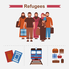 Emigration icons set with refugees, train, passports. Group of refugees, migration crisis. Migrants on the ship and on the train. War migration waves going to Europe. World Refugee day concept.