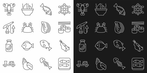 Set line Canned fish, Fishing harpoon, Sushi, Crab, Lobster and Mussel icon. Vector