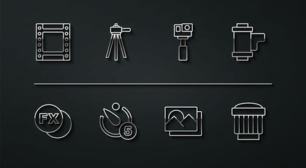 Set line Camera roll cartridge, Photo camera fx, frame, timer, Tripod, photo lens and Action icon. Vector