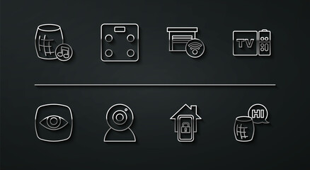 Set line Voice assistant, Security camera, Multimedia and TV box receiver, Mobile with smart home, Web, Smart bathroom scales, and garage icon. Vector