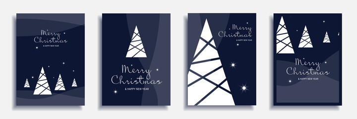 Merry Christmas and New Year 2022 brochure covers set. Xmas minimal banner design with white geometric trees and stars at blue background. Vector illustration for flyer, poster or greeting card