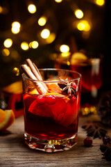 Mulled wine with oranges and spices. Christmas hot drink.