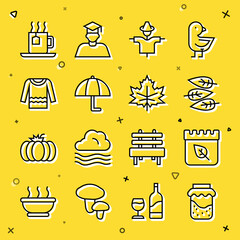 Set line Jam jar, Calendar with autumn leaves, Leaf or, Scarecrow, Umbrella, Sweater, Cup of tea tea bag and icon. Vector