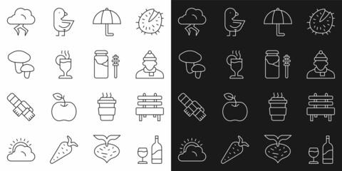Set line Wine bottle with glass, Bench, Autumn clothes, Umbrella, Mulled wine, Mushroom, Storm and Jar of honey and dipper stick icon. Vector
