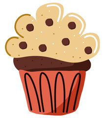 Hand drawn cute cartoon illustration of cupcake with cream and chocolate chips. Nursery print in doodle style. Contemporary flat sweet vector. Isolated on white background.