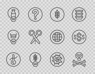 Set line Meteorology thermometer, Bones and skull warning, Wheat, Gluten free grain, Lactose, Scissors with cut line, Bomb explosion and Dollar symbol icon. Vector