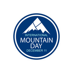 Mountains vector illustration for International mountain day on december 11. Mountains silhouette with snow peaks and sun, round print stamp design for logo, icon, sticker, emblem, label template	