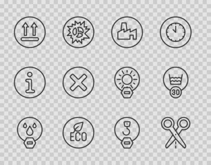 Set line Water drop forbidden, Scissors with cut line, Factory production, Leaf Eco symbol, Temperature wash, X Mark, Cross circle, Industrial hook and icon. Vector