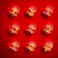 Set line Magician hat and rabbit ears, Unicycle or one wheel bicycle, Ice cream in waffle cone, Juggling ball, Lollipop, Weight, and Ferris icon. Vector