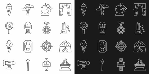 Set line Boat swing, Circus tent, Striker attraction with hammer, Magic ball, Attraction carousel, Lollipop, Ice cream waffle cone and Unicycle or wheel bicycle icon. Vector