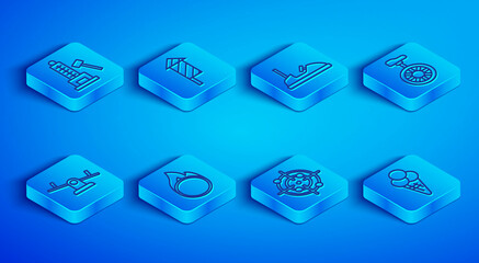 Set line Striker attraction with hammer, Firework rocket, Bumper car, Circus fire hoop, Target sport, Unicycle one wheel bicycle, Seesaw and Ice cream in waffle cone icon. Vector © Kostiantyn