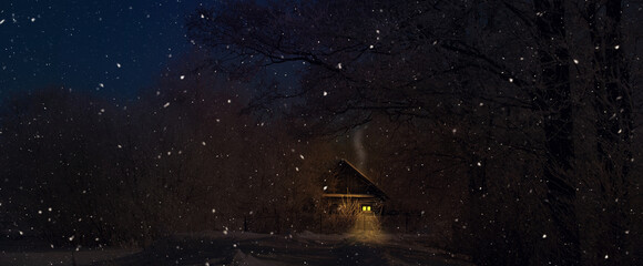 Beautiful night winter christmas landscape. View of lonely snowy country house with warm light from windows. Starry night and a hunch of Christmas. Panoramic banner