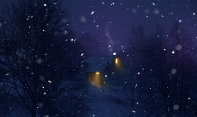 Fototapeta na wymiar Beautiful night winter christmas landscape. View of lonely snowy country house with warm light from windows. Starry night and a hunch of Christmas.
